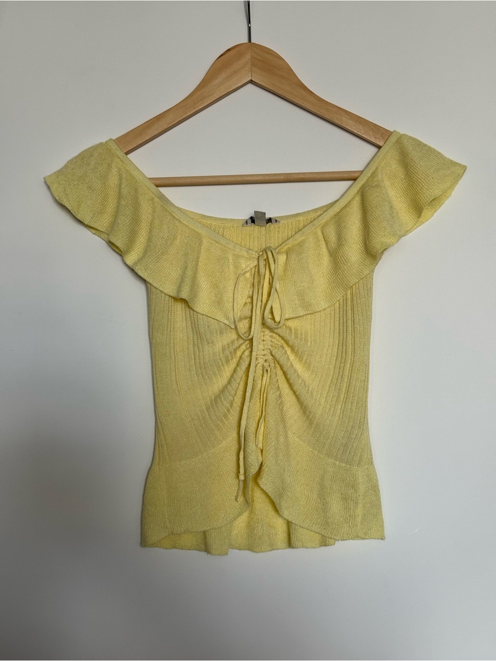 Yellow Off-Shoulder Ruffle Tie-Front Knit Top